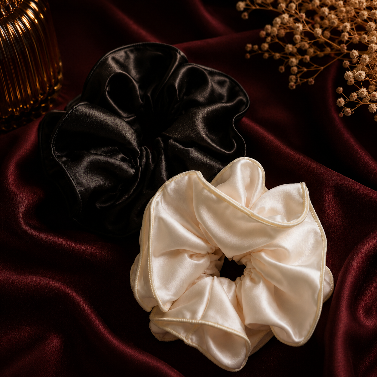 Oversized Satin Scrunchie Combo – Midnight Black & Ivory Cream Set of 2 | BlissMei