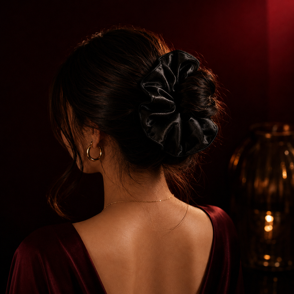 Oversized Satin Scrunchie Combo – Midnight Black & Ivory Cream Set of 2 | BlissMei