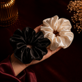 Oversized Satin Scrunchie Combo – Midnight Black & Ivory Cream Set of 2 | BlissMei