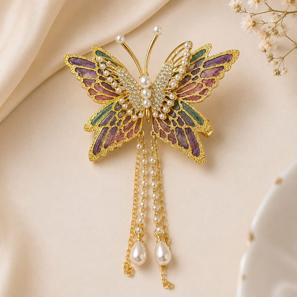 Butterfly Pearl Chain Hair Clip – Gold Enamel Butterfly with Rhinestone & Tassel Drop | BlissMei