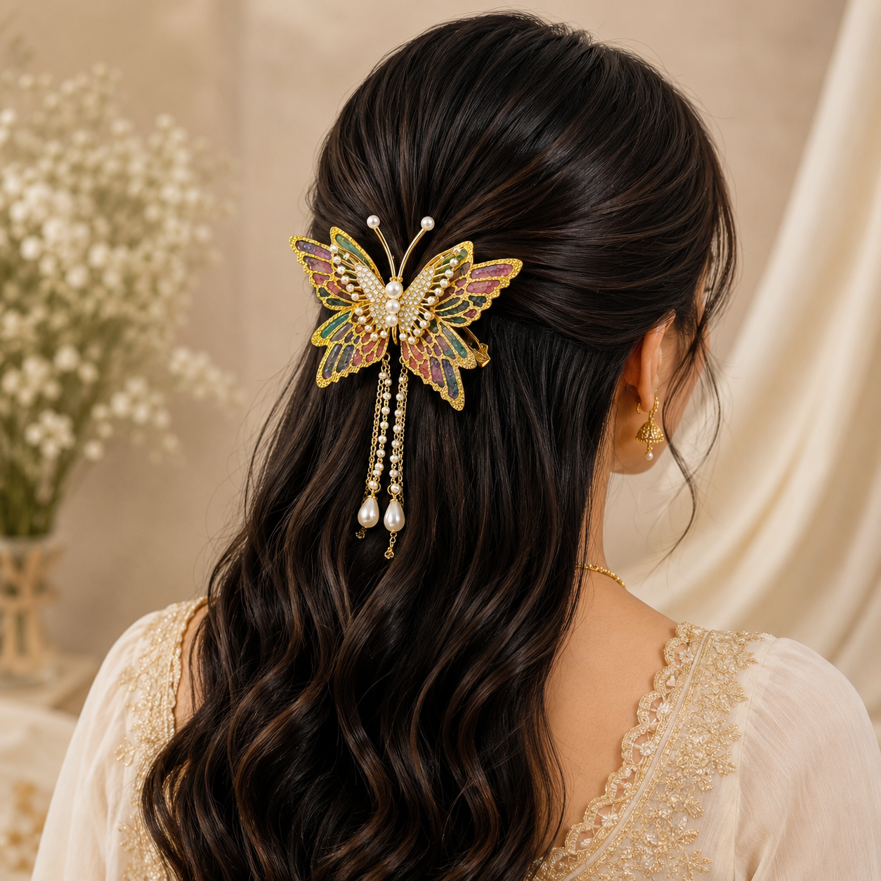 Butterfly Pearl Chain Hair Clip – Gold Enamel Butterfly with Rhinestone & Tassel Drop | BlissMei