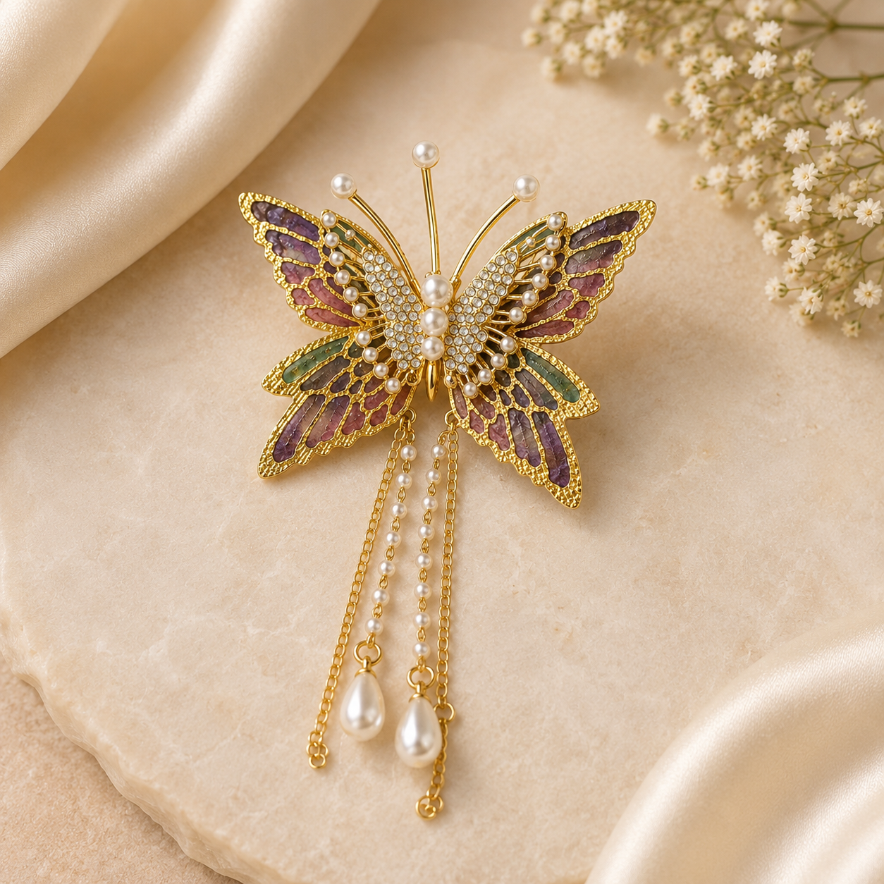 Butterfly Pearl Chain Hair Clip – Gold Enamel Butterfly with Rhinestone & Tassel Drop | BlissMei