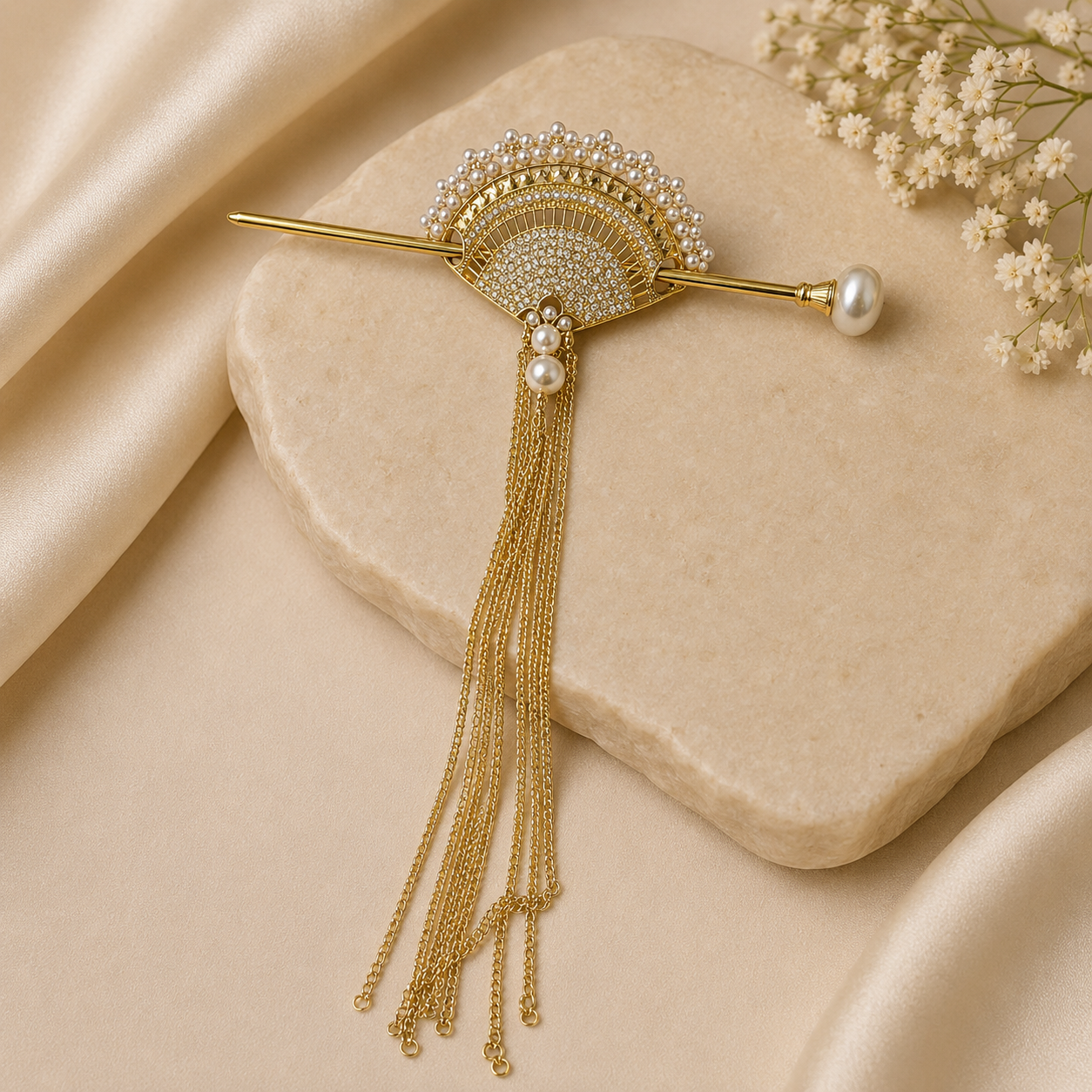 Gold Fan Pearl Hair Stick – Rhinestone Bun Pin with Chain Tassel Drop | BlissMei