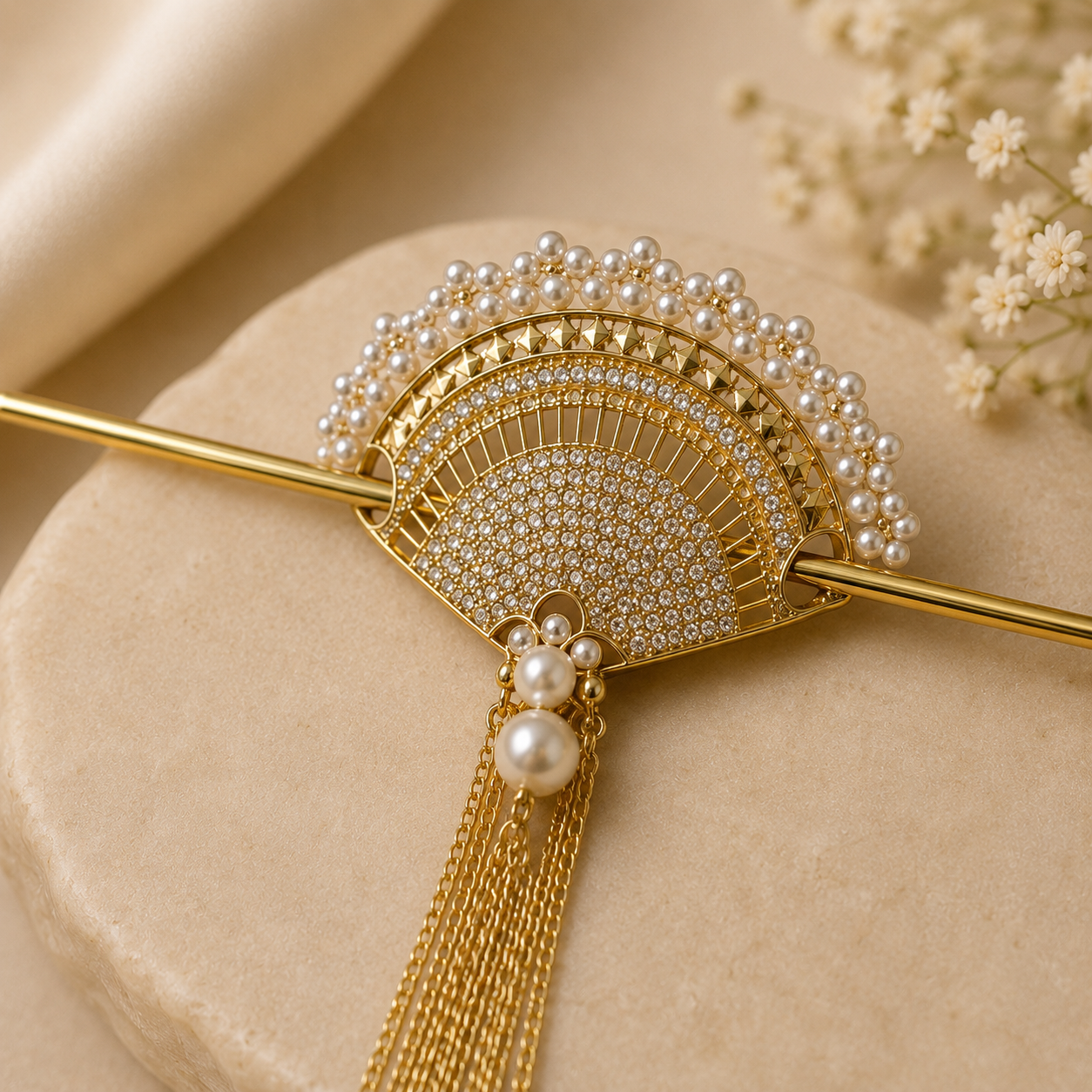 Gold Fan Pearl Hair Stick – Rhinestone Bun Pin with Chain Tassel Drop | BlissMei