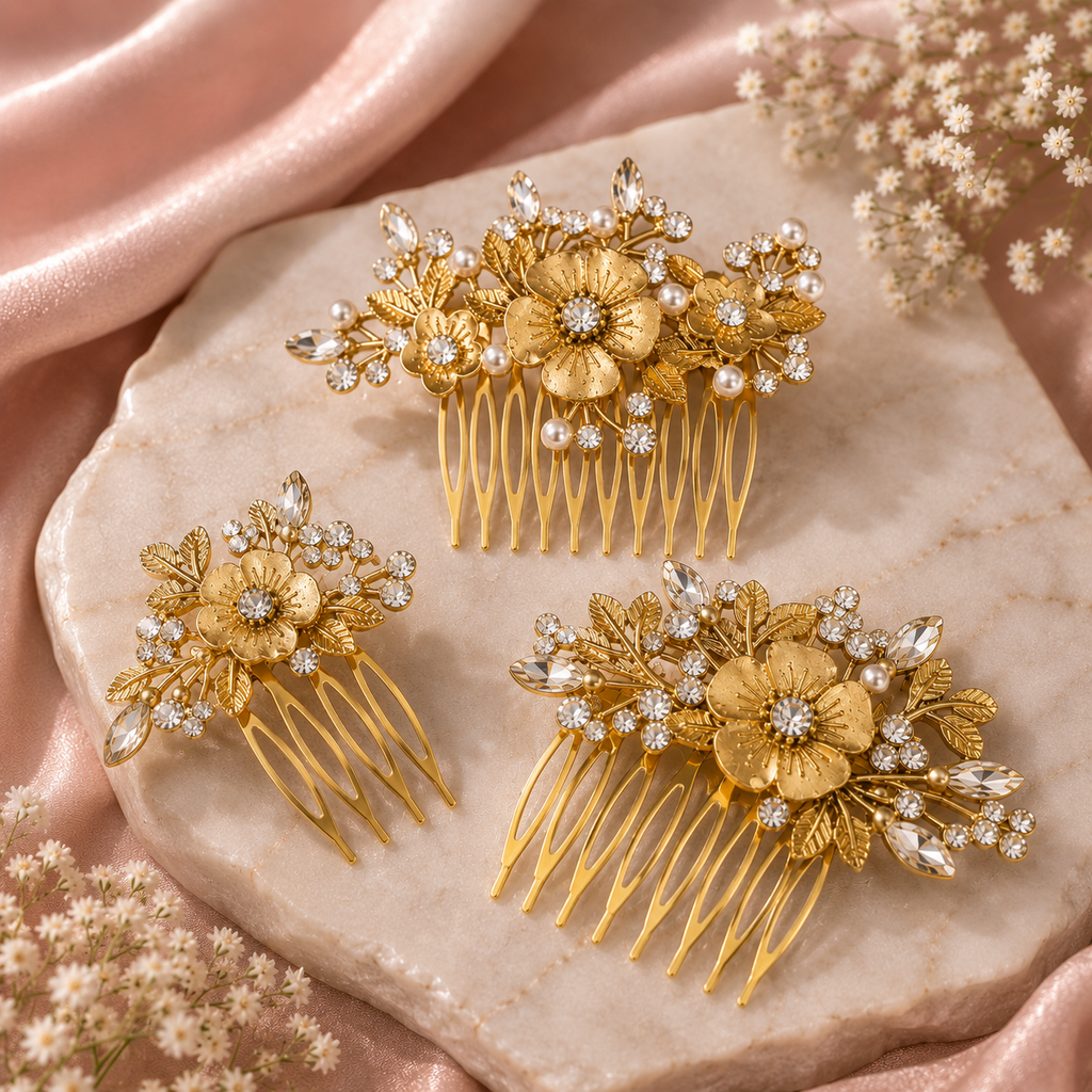 Gold Floral Crystal Hair Comb – Antique Pearl & Rhinestone Bridal Hair Accessory | BlissMei