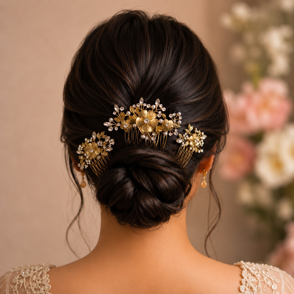 Gold Floral Crystal Hair Comb – Antique Pearl & Rhinestone Bridal Hair Accessory | BlissMei