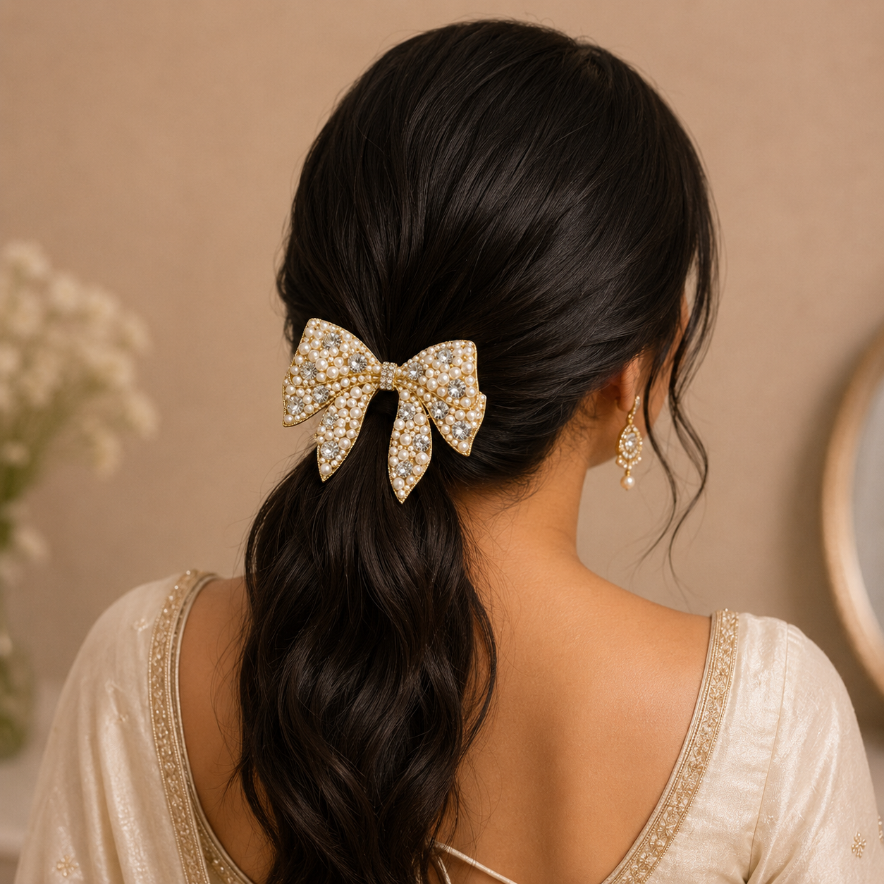Pearl & Crystal Bow Hair Clip – Gold Statement Bow Barrette | BlissMei
