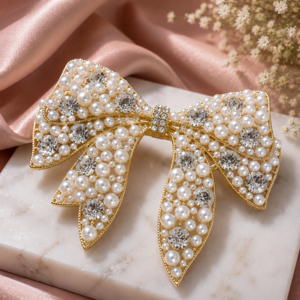 Pearl & Crystal Bow Hair Clip – Gold Statement Bow Barrette | BlissMei