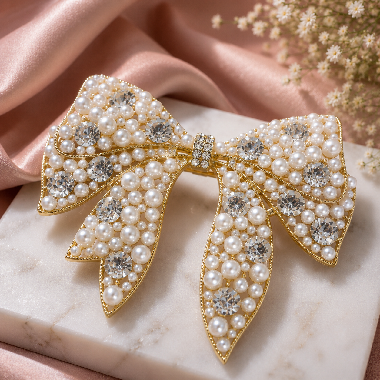 Pearl & Crystal Bow Hair Clip – Gold Statement Bow Barrette | BlissMei