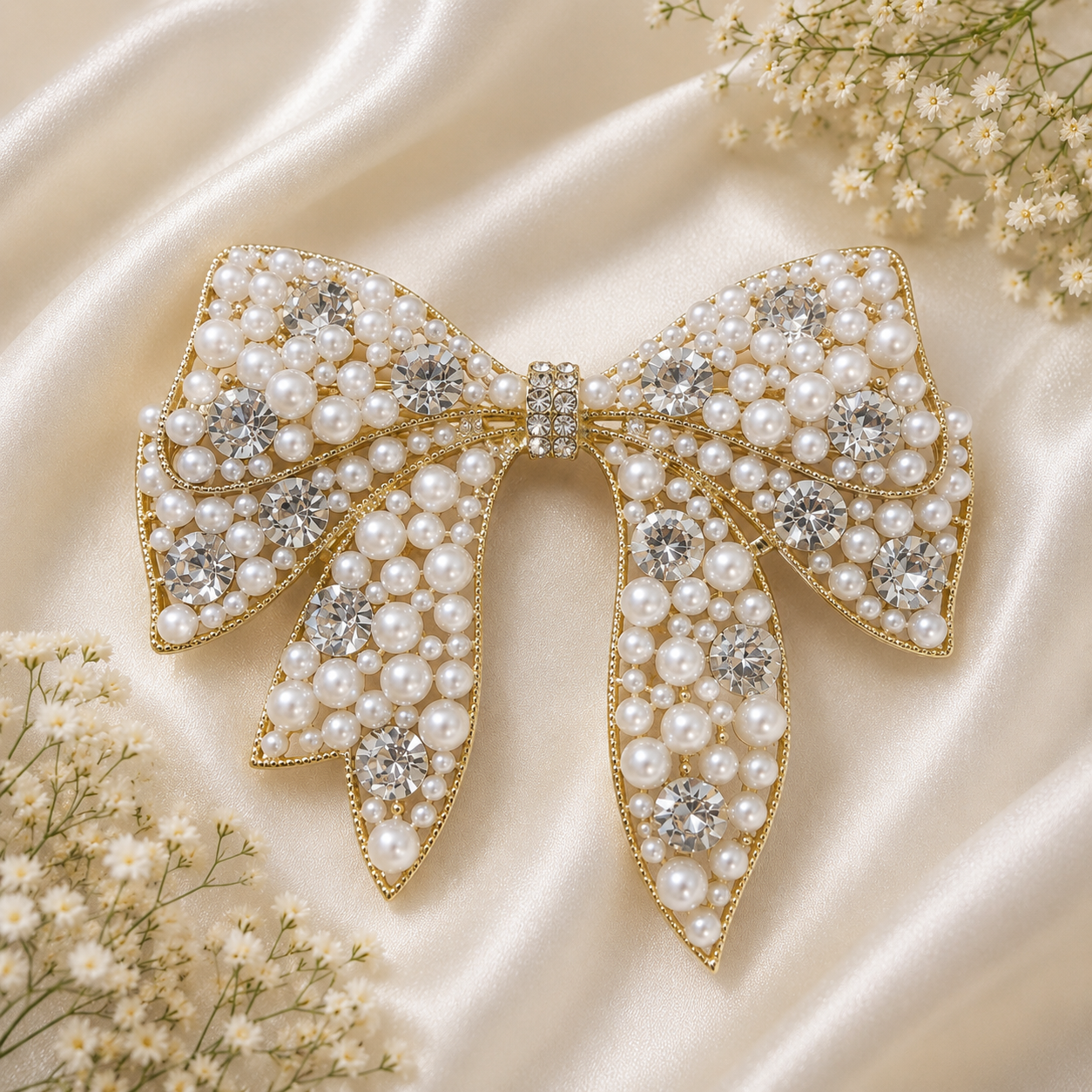 Pearl & Crystal Bow Hair Clip – Gold Statement Bow Barrette | BlissMei