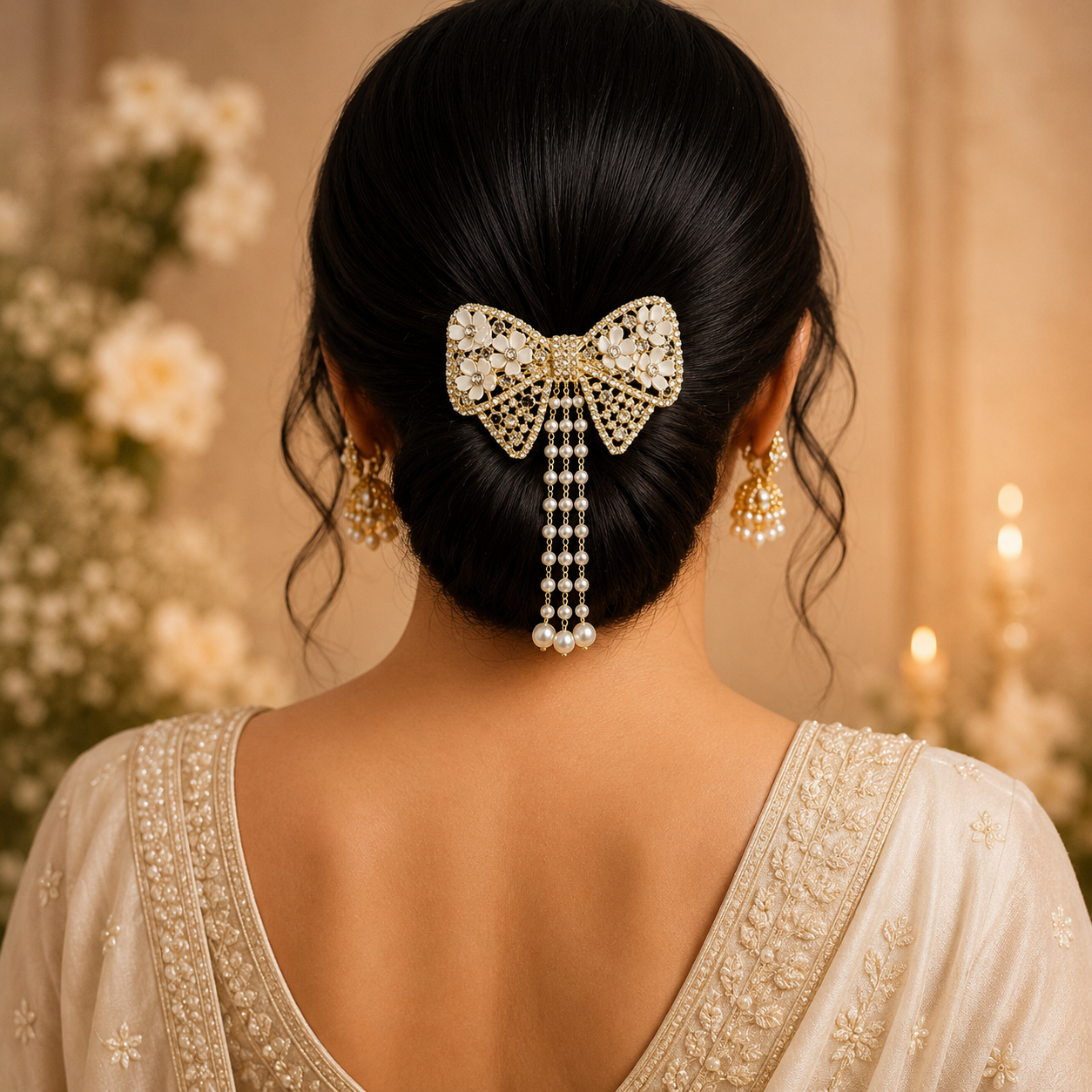 Gold Bow Hair Clip Combo Set – Pearl Tassel & Chain Tassel Barrette Duo | BlissMei