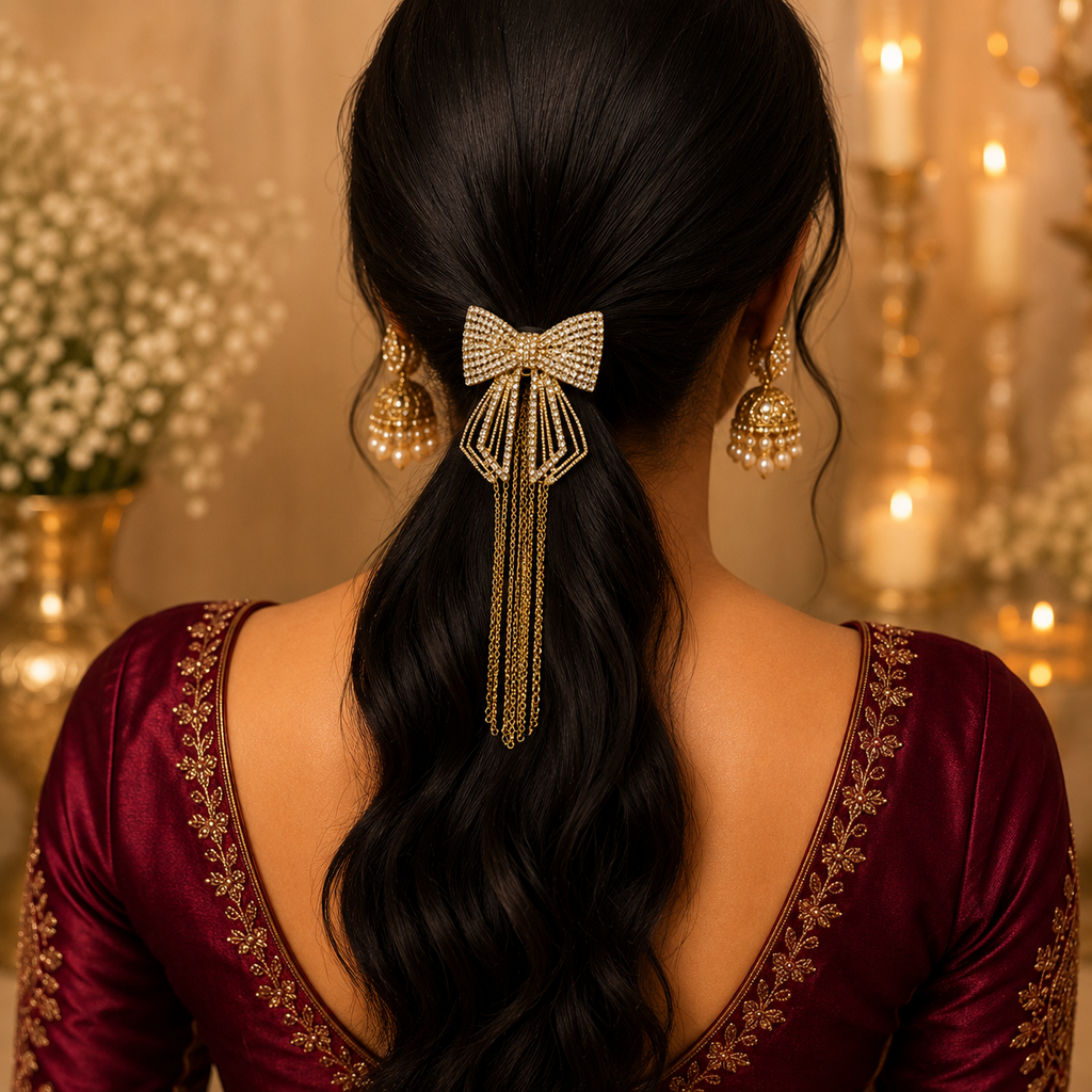 Gold Bow Hair Clip Combo Set – Pearl Tassel & Chain Tassel Barrette Duo | BlissMei