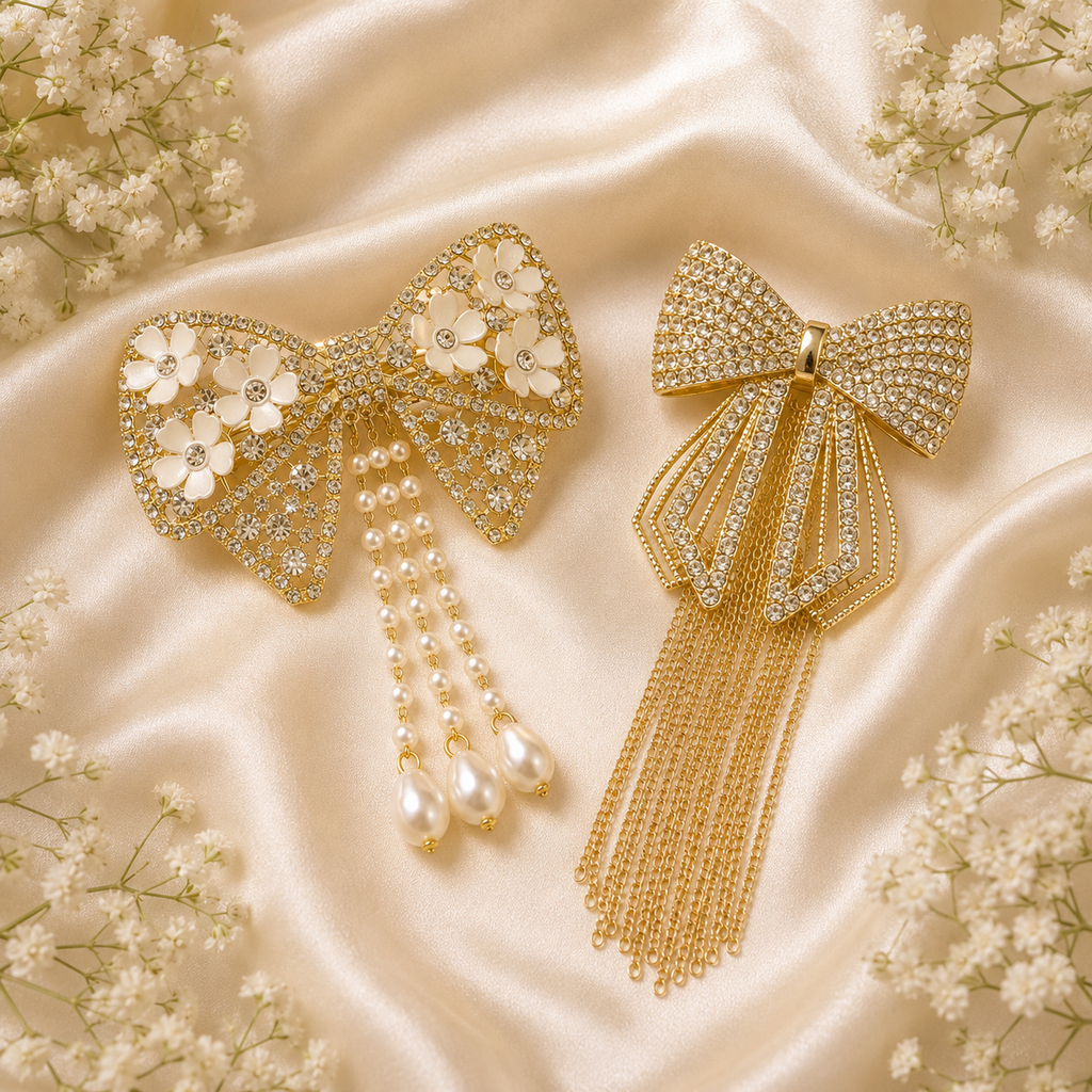 Gold Bow Hair Clip Combo Set – Pearl Tassel & Chain Tassel Barrette Duo | BlissMei