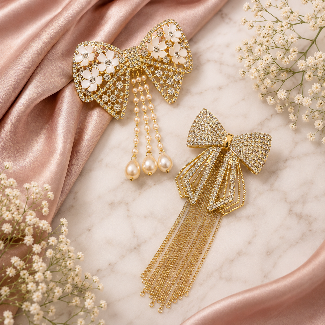 Gold Bow Hair Clip Combo Set – Pearl Tassel & Chain Tassel Barrette Duo | BlissMei