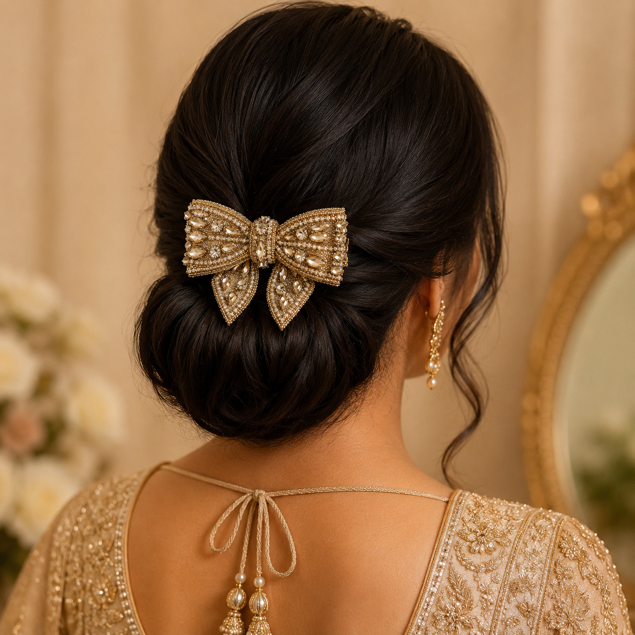 Champagne Crystal Beaded Bow Hair Clip – Gold Gemstone Embroidered Barrette | BlissMei