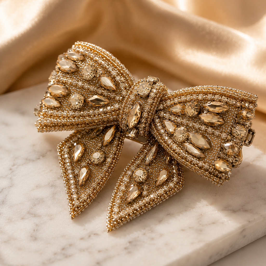 Champagne Crystal Beaded Bow Hair Clip – Gold Gemstone Embroidered Barrette | BlissMei