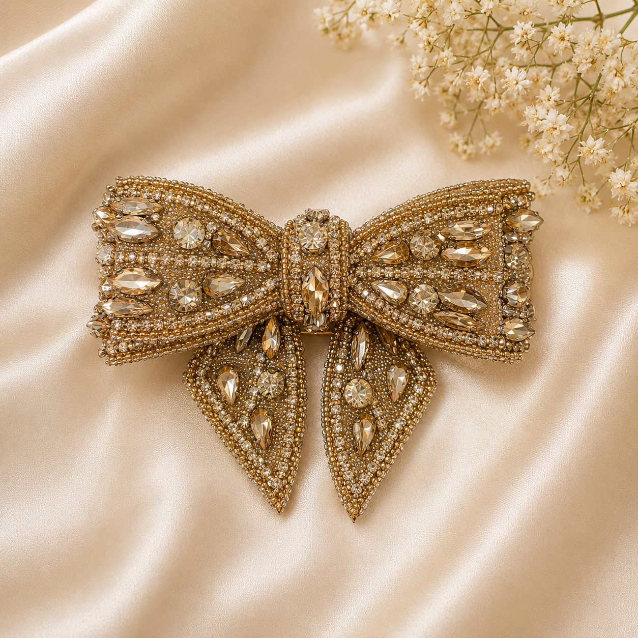 Champagne Crystal Beaded Bow Hair Clip – Gold Gemstone Embroidered Barrette | BlissMei