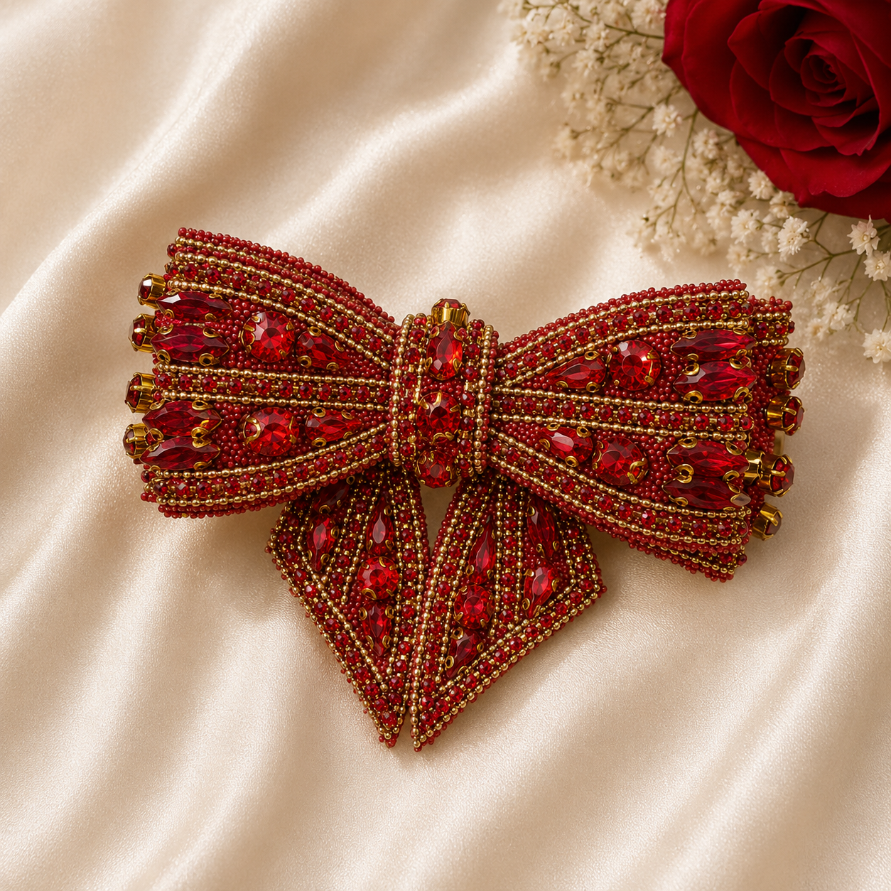 Ruby Red Crystal Beaded Bow Hair Clip – Gold Embroidered Festive Barrette | BlissMei