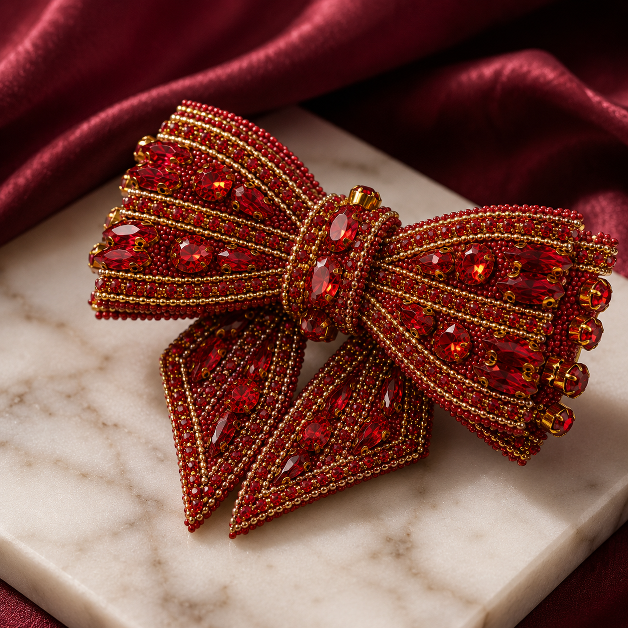 Ruby Red Crystal Beaded Bow Hair Clip – Gold Embroidered Festive Barrette | BlissMei