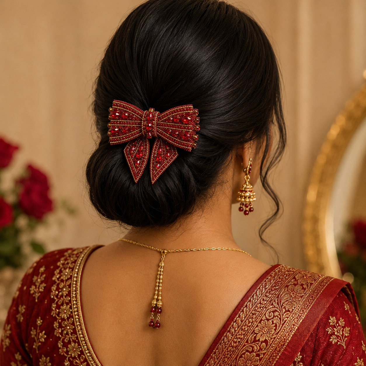 Ruby Red Crystal Beaded Bow Hair Clip – Gold Embroidered Festive Barrette | BlissMei