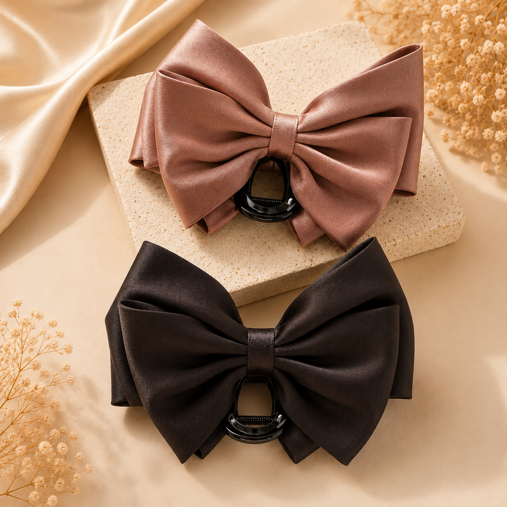 Satin Bow Claw Clip Combo – Dusty Rose & Midnight Black Set of 2 | BlissMei