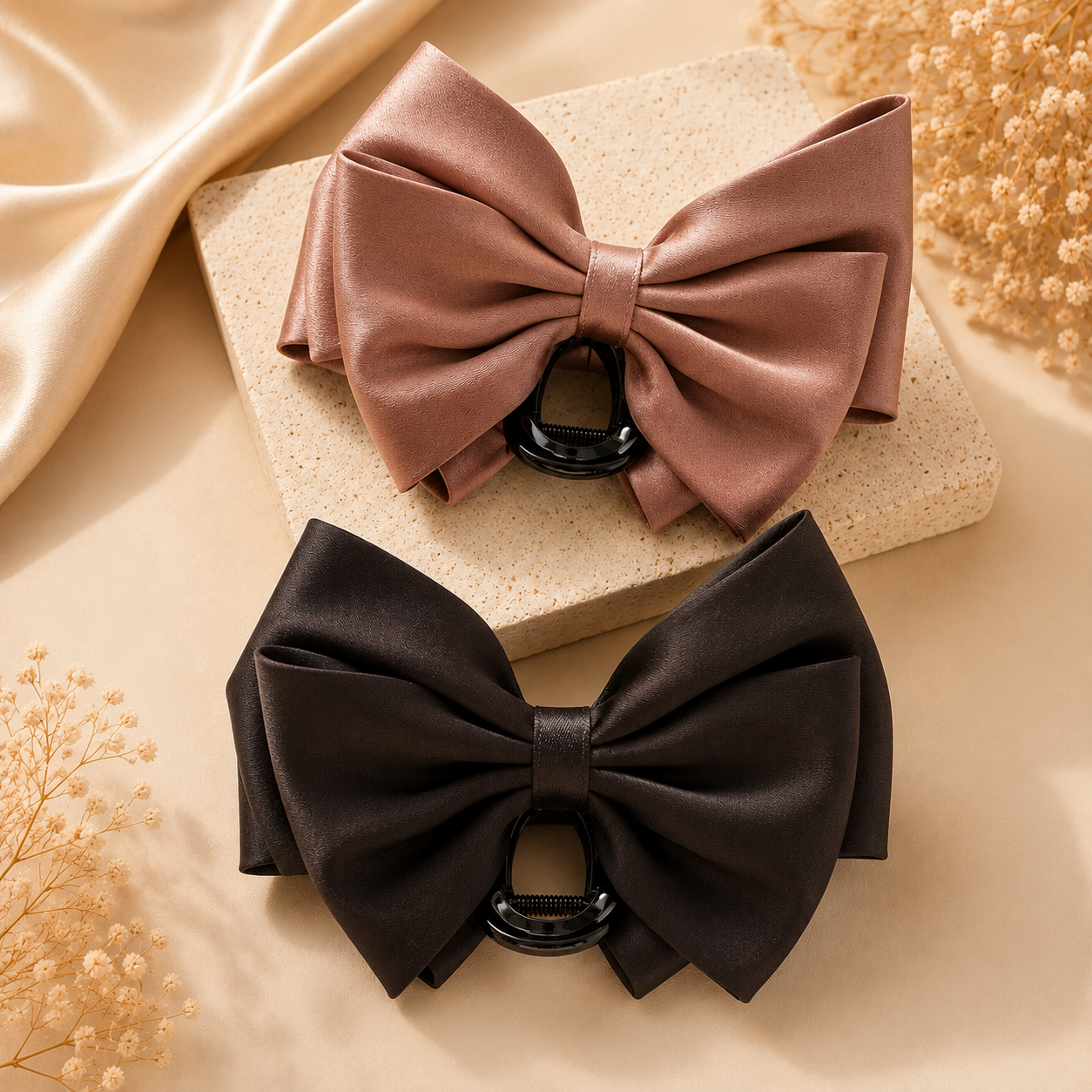 Satin Bow Claw Clip Combo – Dusty Rose & Midnight Black Set of 2 | BlissMei