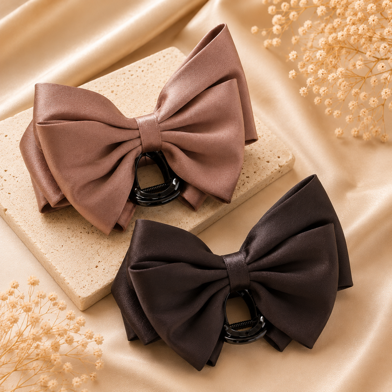 Satin Bow Claw Clip Combo – Dusty Rose & Midnight Black Set of 2 | BlissMei