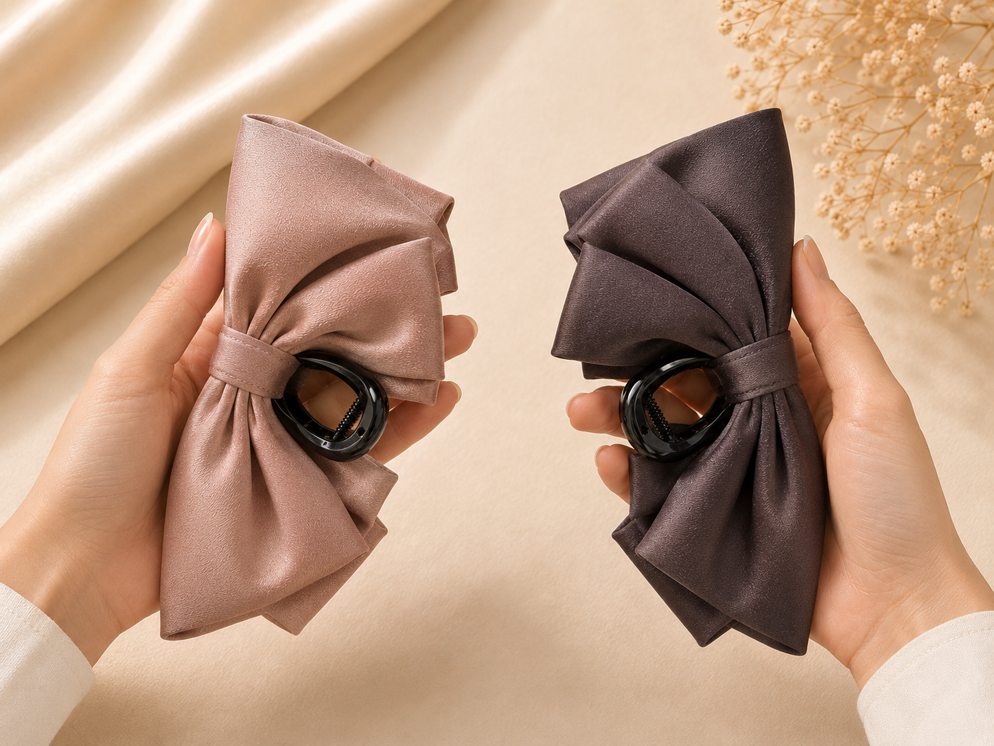 Satin Bow Claw Clip Combo – Dusty Rose & Midnight Black Set of 2 | BlissMei