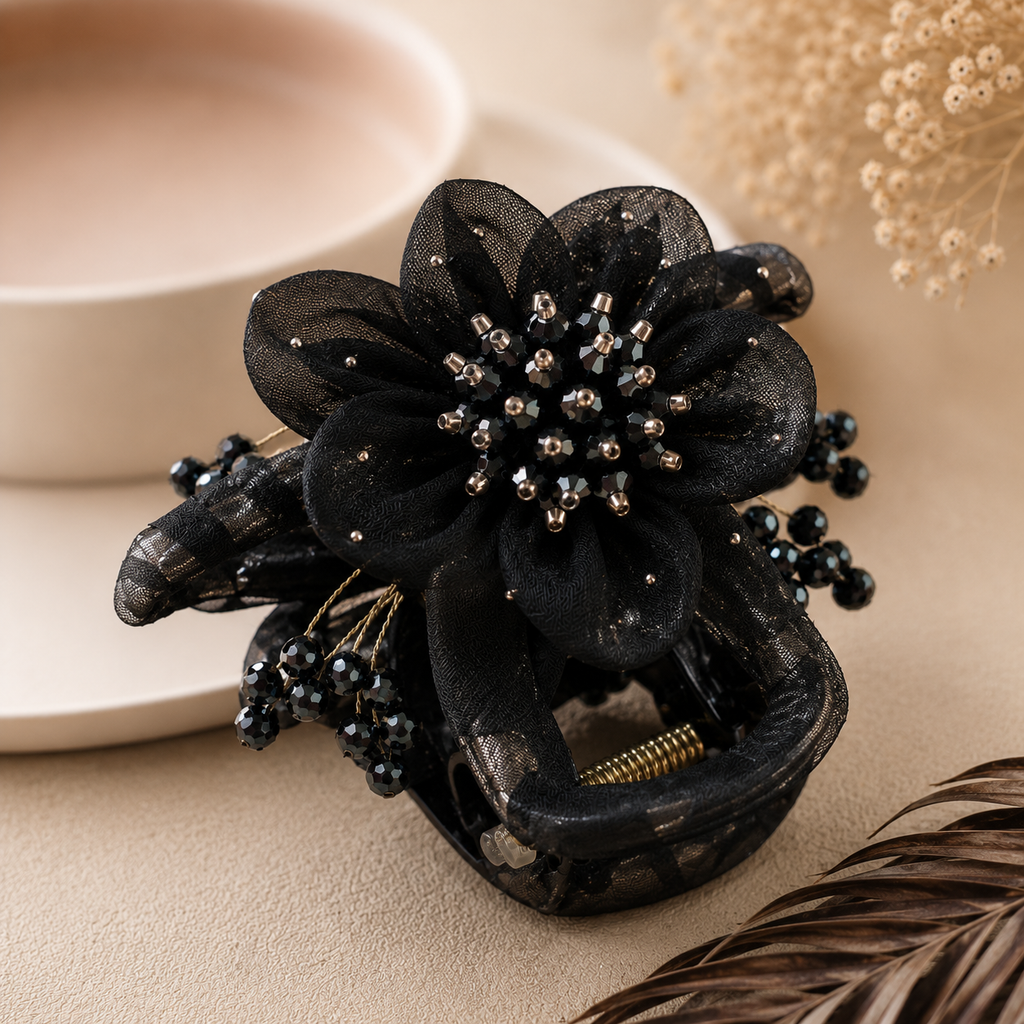 Midnight Black Organza Flower Claw Clip – Black Crystal Berry Bead Hair Clamp | BlissMei