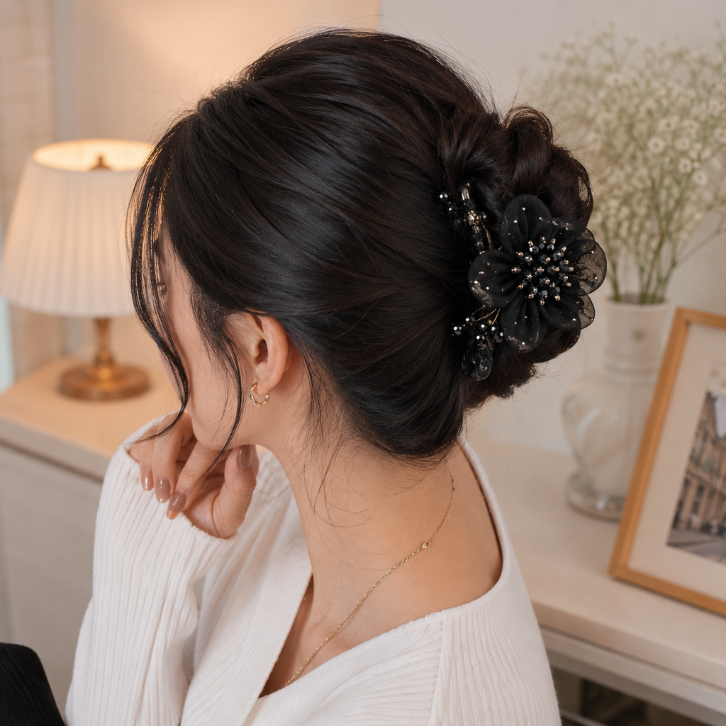 Midnight Black Organza Flower Claw Clip – Black Crystal Berry Bead Hair Clamp | BlissMei