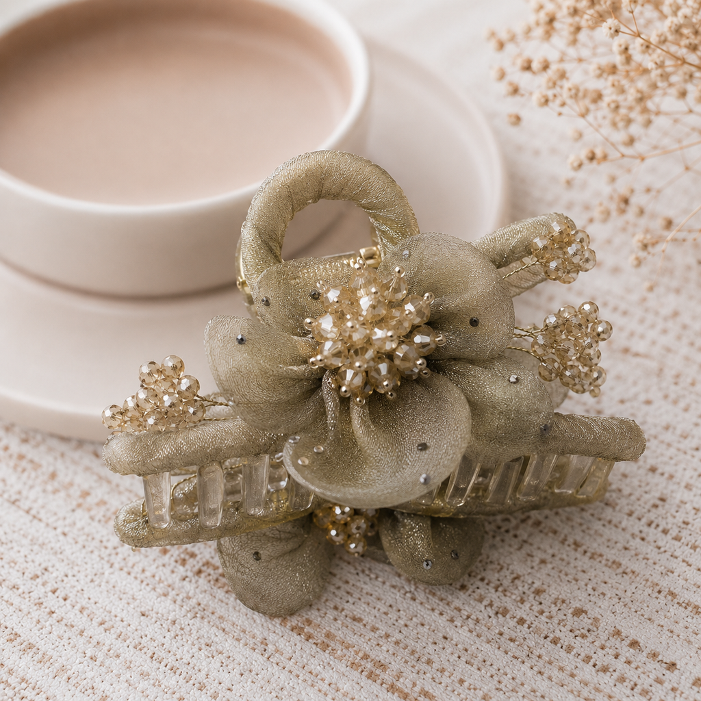 Champagne Gold Organza Flower Claw Clip – Crystal Berry Bead Hair Clamp | BlissMei