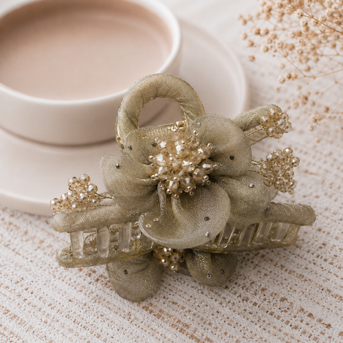 Champagne Gold Organza Flower Claw Clip – Crystal Berry Bead Hair Clamp | BlissMei