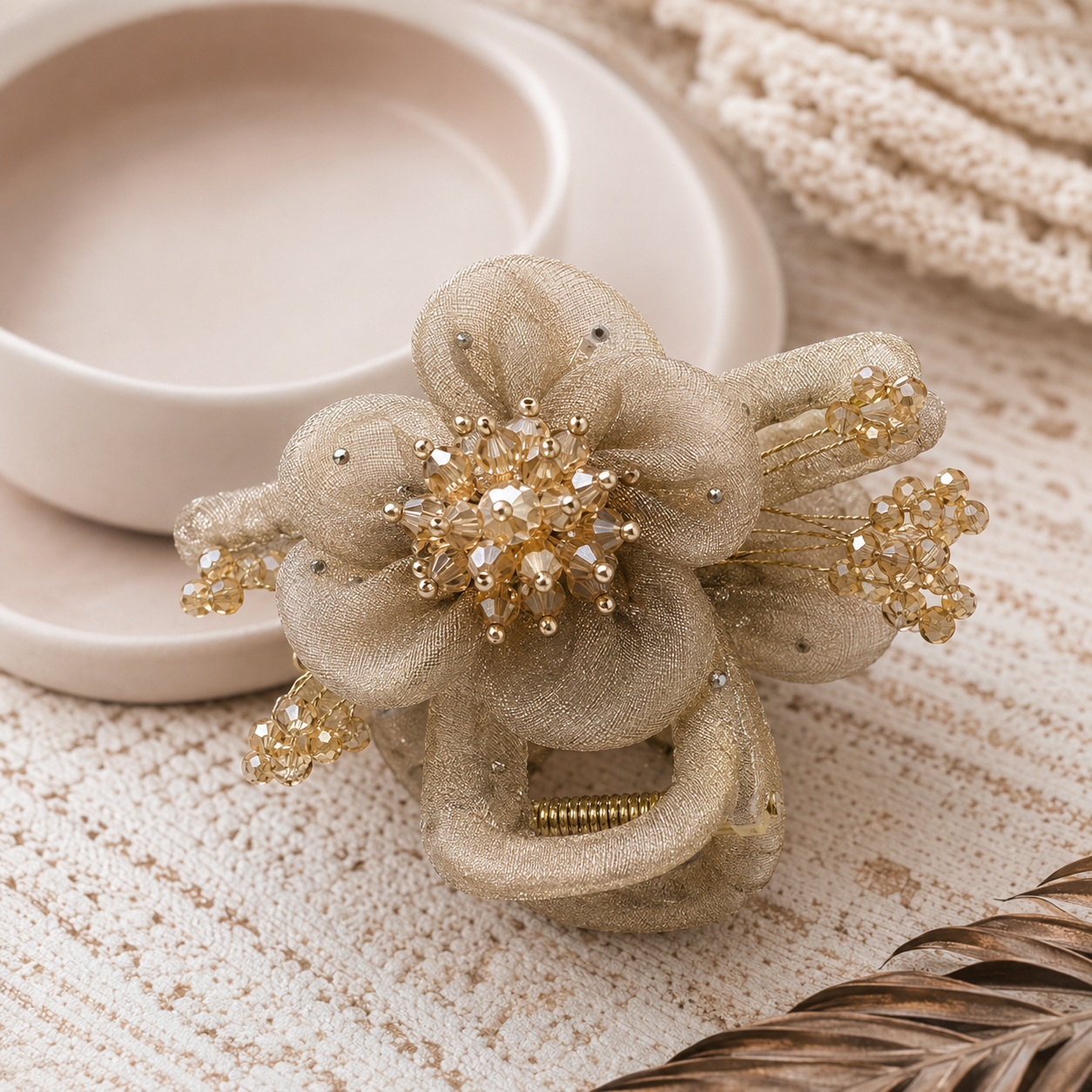 Champagne Gold Organza Flower Claw Clip – Crystal Berry Bead Hair Clamp | BlissMei