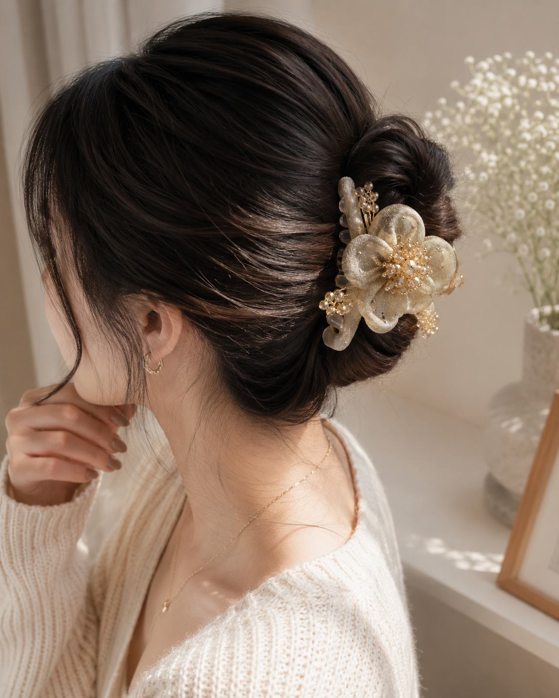 Champagne Gold Organza Flower Claw Clip – Crystal Berry Bead Hair Clamp | BlissMei