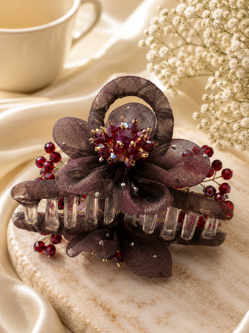 Light Mauve Organza Flower Claw Clip – Ruby Red Crystal Berry Bead Hair Clamp | BlissMei