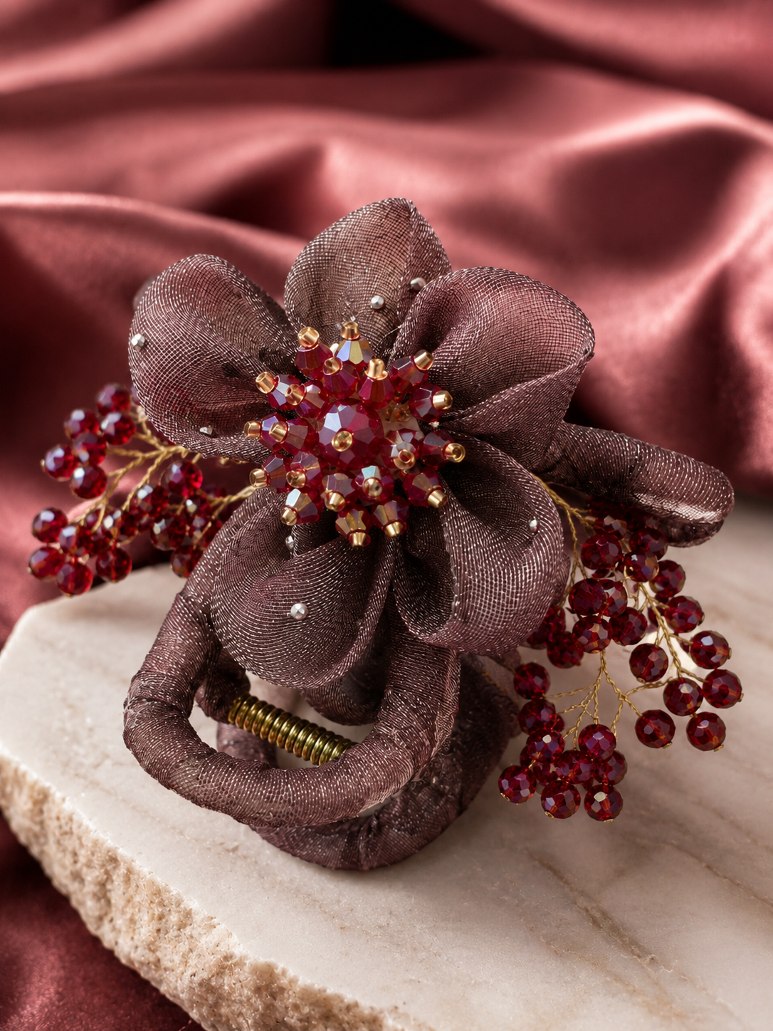 Light Mauve Organza Flower Claw Clip – Ruby Red Crystal Berry Bead Hair Clamp | BlissMei