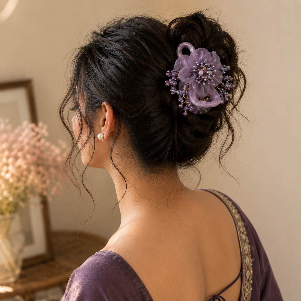Lavender Organza Flower Claw Clip – Amethyst Crystal Berry Bead Hair Clamp | BlissMei