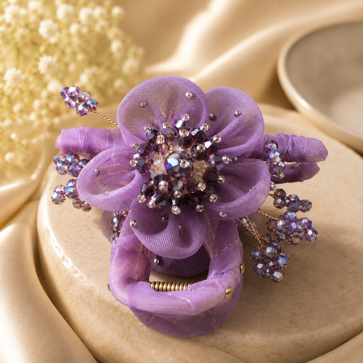 Lavender Organza Flower Claw Clip – Amethyst Crystal Berry Bead Hair Clamp | BlissMei
