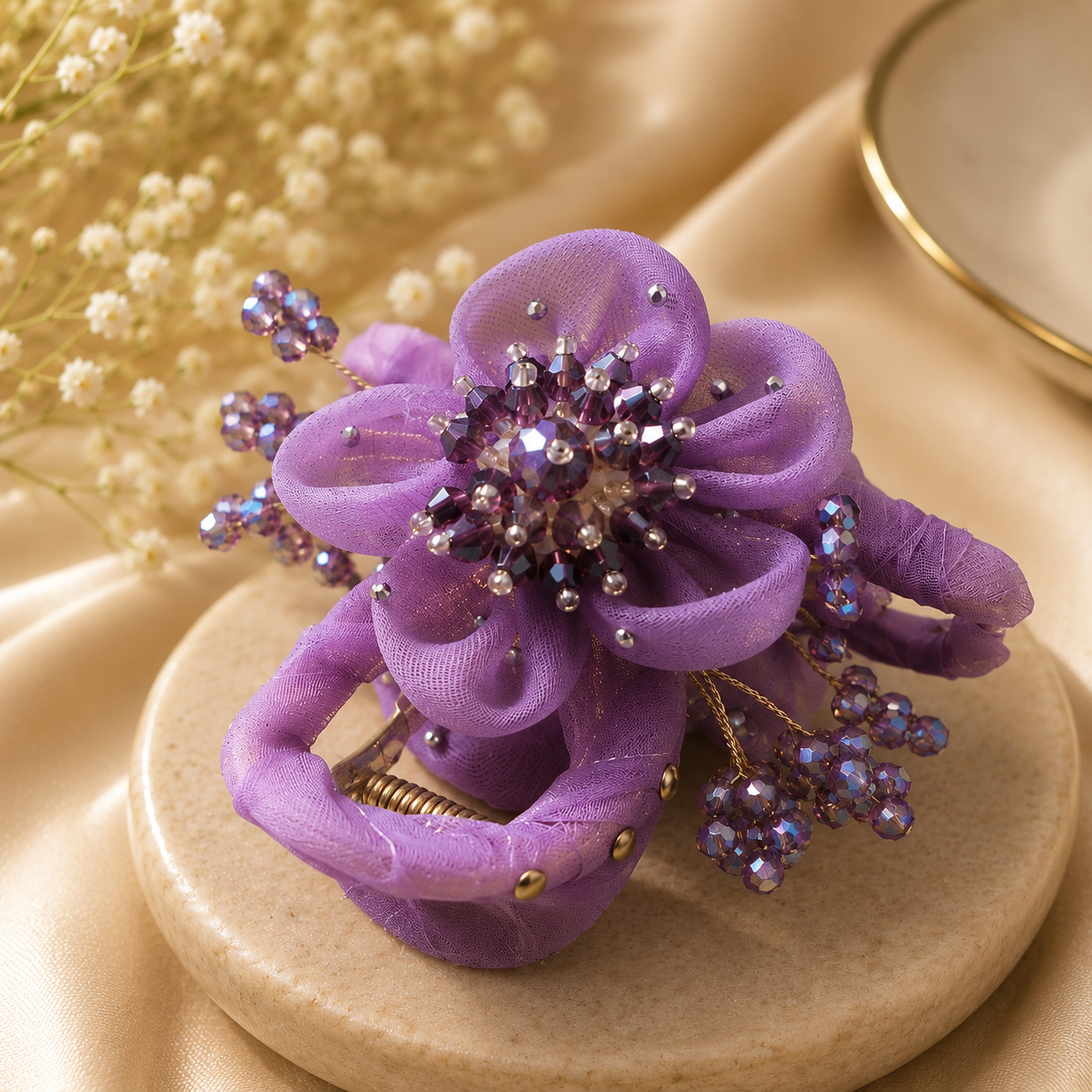 Lavender Organza Flower Claw Clip – Amethyst Crystal Berry Bead Hair Clamp | BlissMei