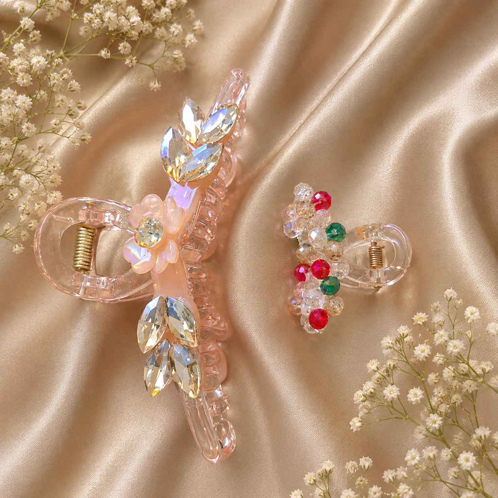Crystal Claw Clip Combo – Blush Peach Butterfly Wing & Multicolour Bead Mini Clip Set of 2 | BlissMei