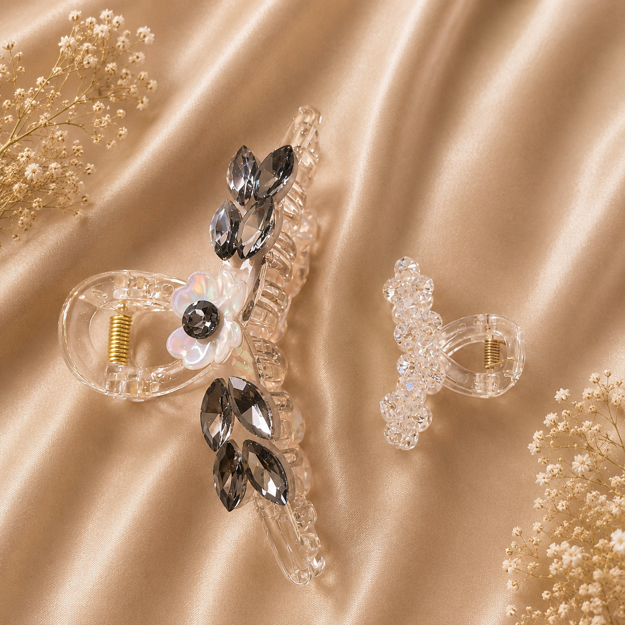 Crystal Claw Clip Combo – Clear Smoky Wing & Crystal Bubble Mini Clip Set of 2 | BlissMei