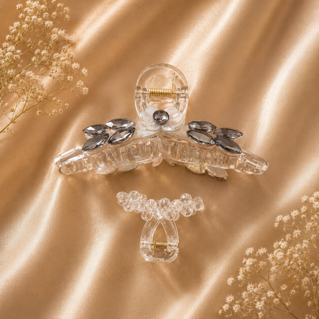 Crystal Claw Clip Combo – Clear Smoky Wing & Crystal Bubble Mini Clip Set of 2 | BlissMei