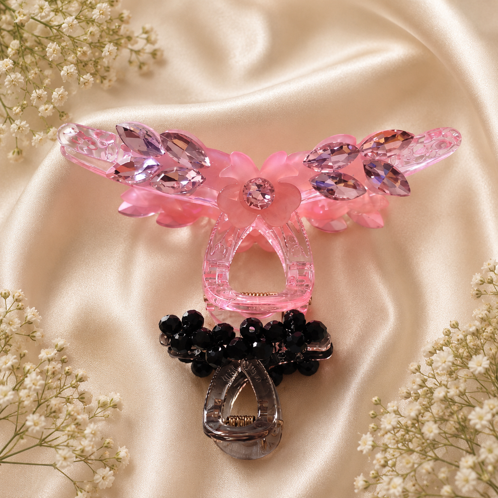 Crystal Claw Clip Combo – Pink Butterfly Wing & Black Jet Cluster Set of 2 | BlissMei