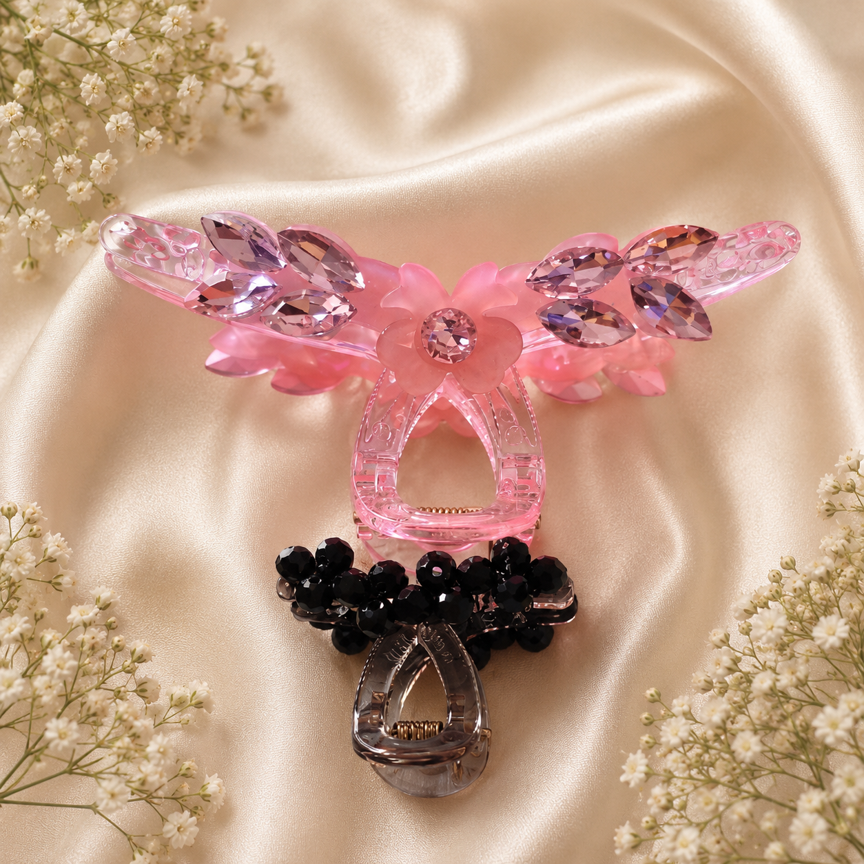 Crystal Claw Clip Combo – Pink Butterfly Wing & Black Jet Cluster Set of 2 | BlissMei