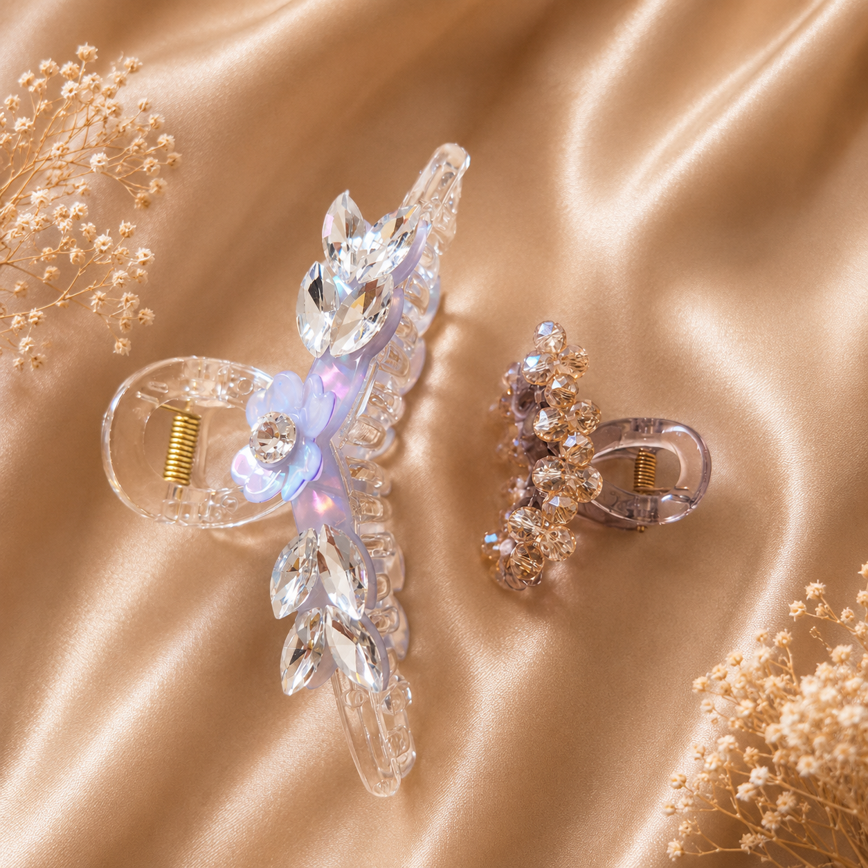 Crystal Claw Clip Combo – Diamond Wing & Champagne Gold Bow Mini Clip Set of 2 | BlissMei