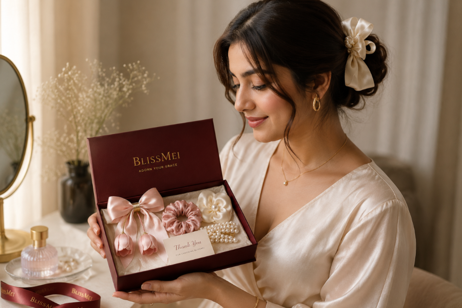 Woman holding a box of jewelry with 'Birks' branding in a softly lit room.