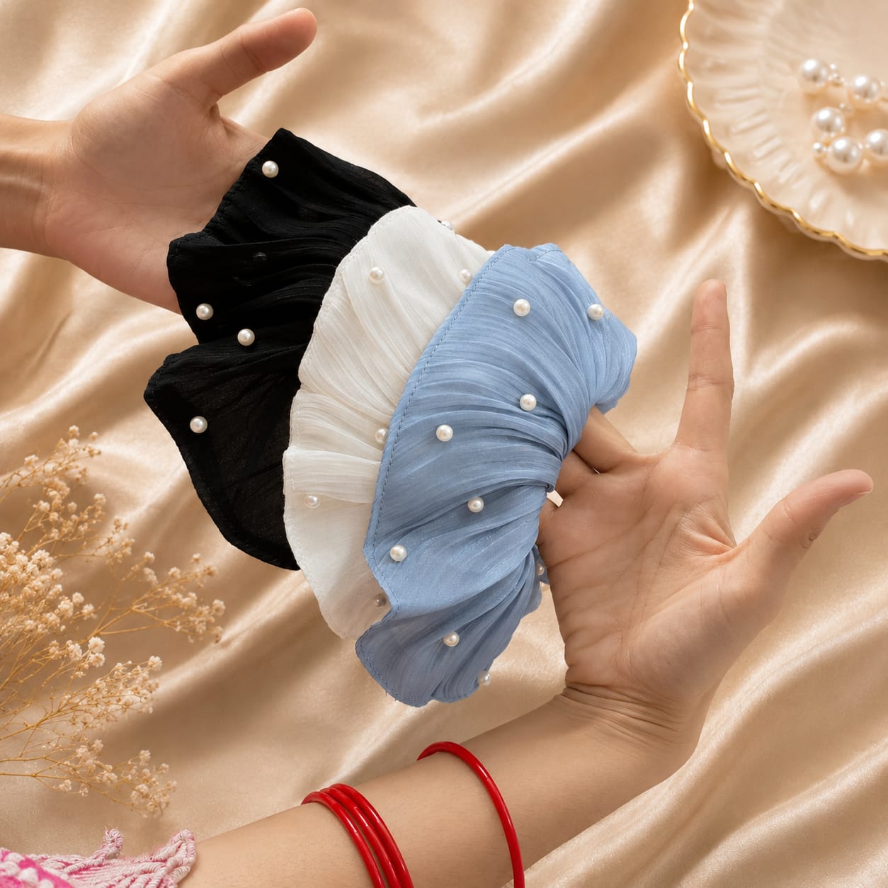 Pearl Organza Scrunchie Set Pack of 3 — Ivory, Blue & Black | BlissMei