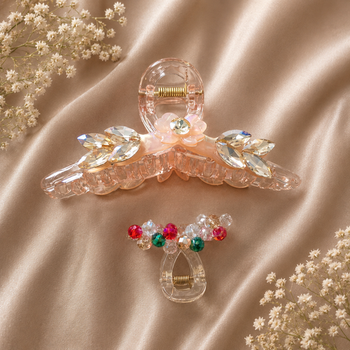 Crystal Claw Clip Combo – Blush Peach Butterfly Wing & Multicolour Bead Mini Clip Set of 2 | BlissMei