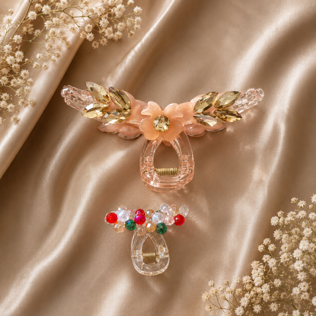 Crystal Claw Clip Combo – Blush Peach Butterfly Wing & Multicolour Bead Mini Clip Set of 2 | BlissMei