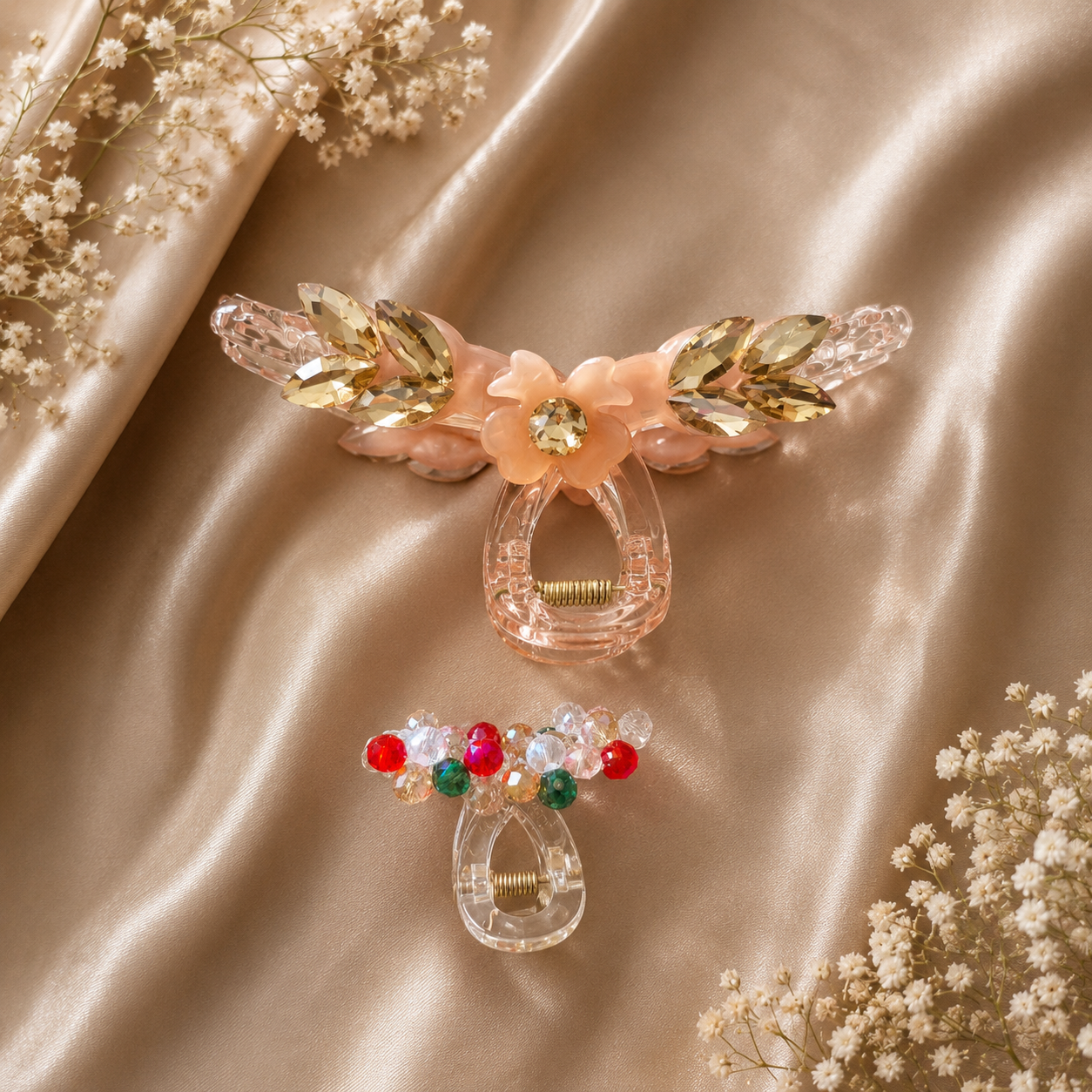 Crystal Claw Clip Combo – Blush Peach Butterfly Wing & Multicolour Bead Mini Clip Set of 2 | BlissMei